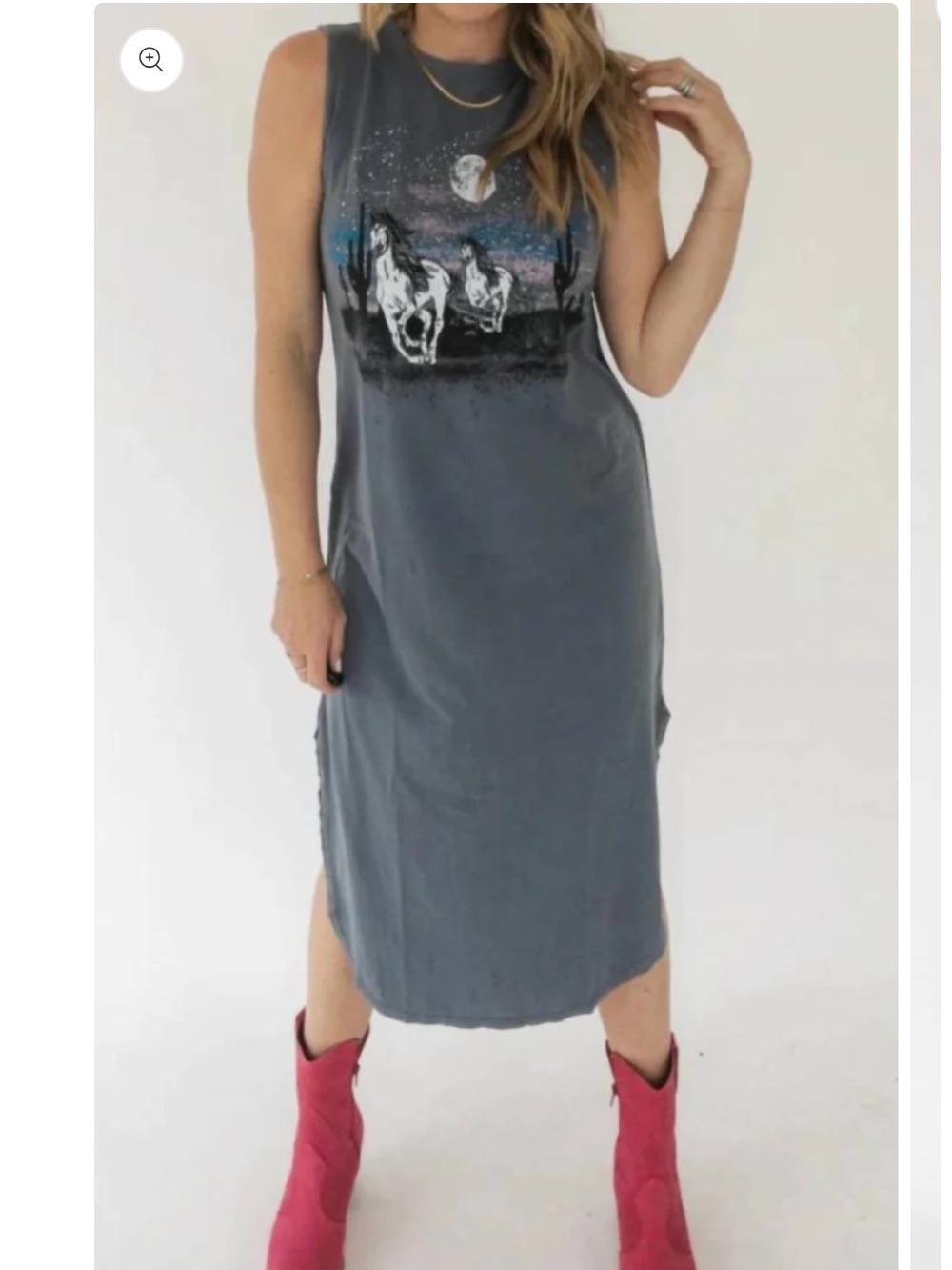 Project Social T Sleeveless Graphic Midi Dress in Charcoal with Pink Boots